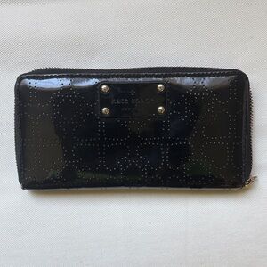 kate spade Black Patent Leather Zip-Around Wallet with Perforated Dot Motif
